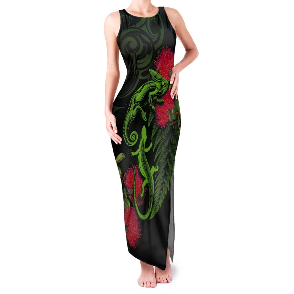 New Zealand Chameleon and Gecko Tank Maxi Dress Maori Silver Fern and Pohutukawa Decoration LT03 Women Green - Polynesian Pride