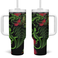 New Zealand Chameleon and Gecko Tumbler With Handle Maori Silver Fern and Pohutukawa Decoration LT03 One Size: 40 oz Green - Polynesian Pride