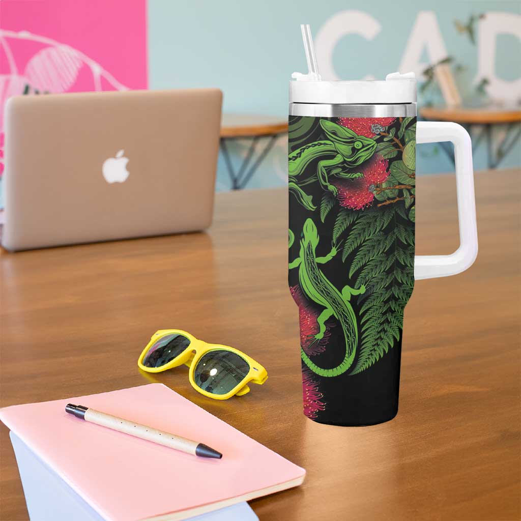 New Zealand Chameleon and Gecko Tumbler With Handle Maori Silver Fern and Pohutukawa Decoration LT03 - Polynesian Pride
