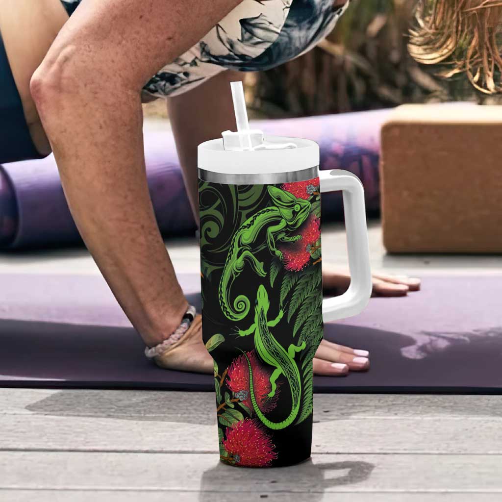 New Zealand Chameleon and Gecko Tumbler With Handle Maori Silver Fern and Pohutukawa Decoration LT03 - Polynesian Pride
