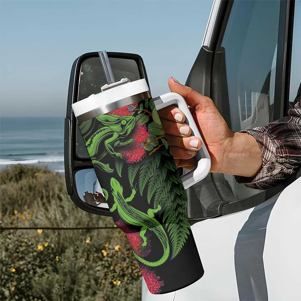 New Zealand Chameleon and Gecko Tumbler With Handle Maori Silver Fern and Pohutukawa Decoration LT03 - Polynesian Pride