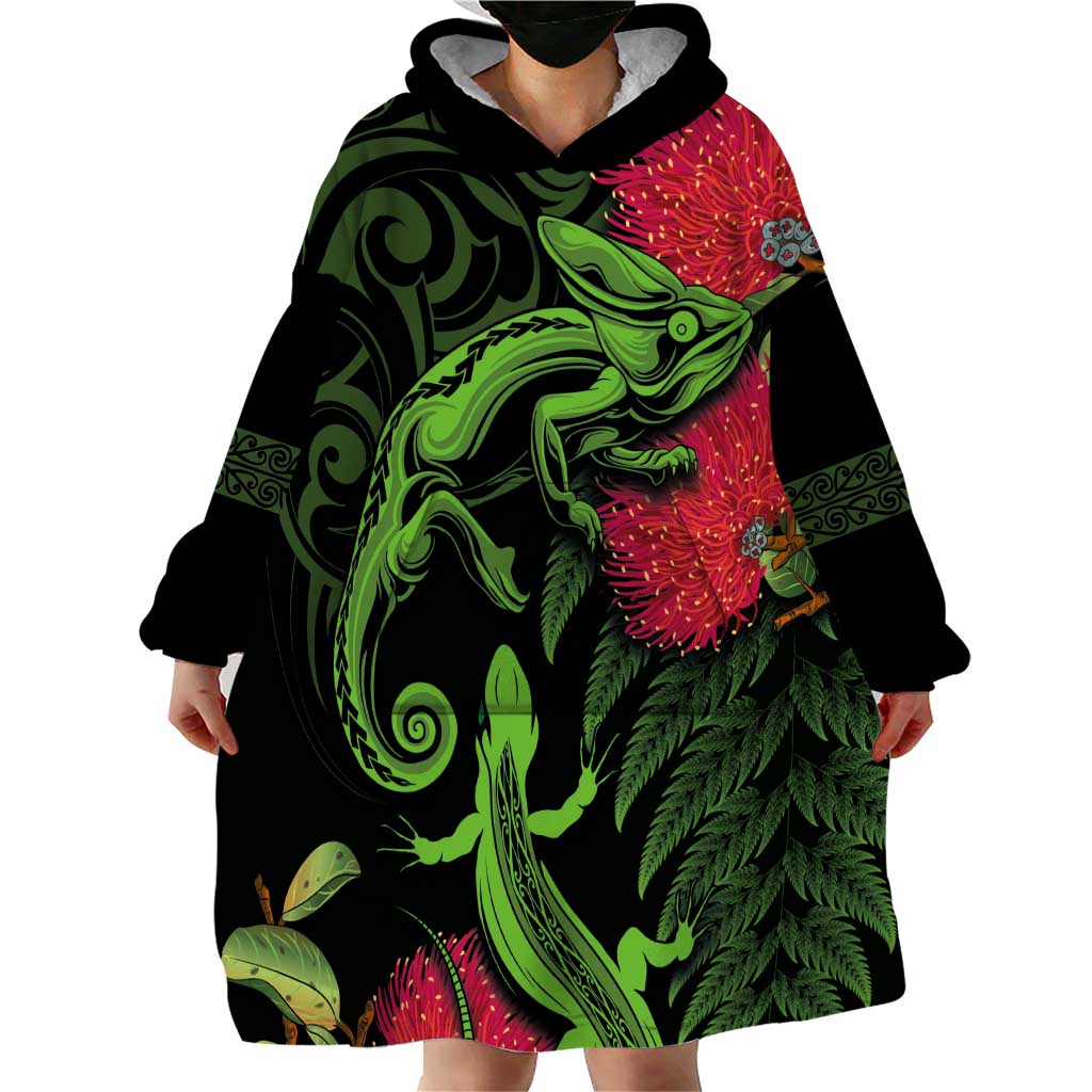 New Zealand Chameleon and Gecko Wearable Blanket Hoodie Maori Silver Fern and Pohutukawa Decoration LT03 - Polynesian Pride