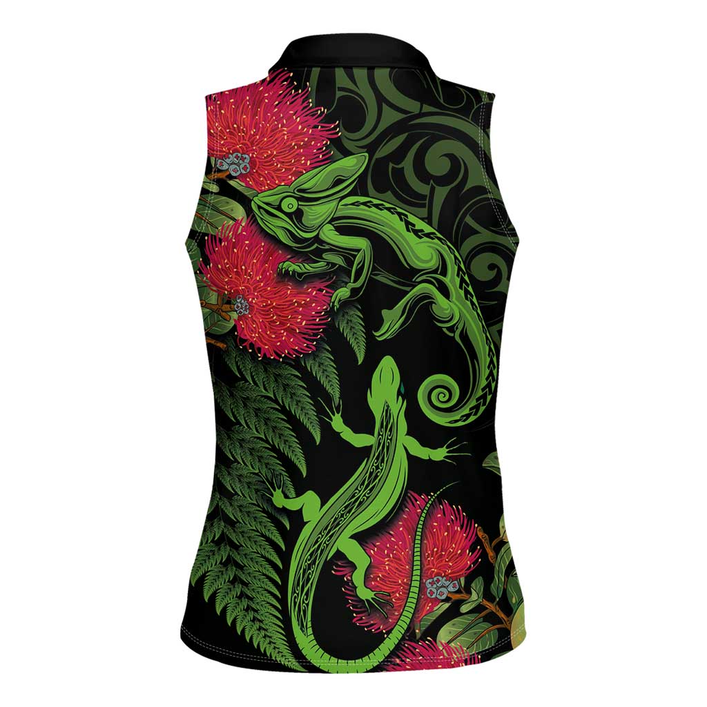 New Zealand Chameleon and Gecko Women Sleeveless Polo Shirt Maori Silver Fern and Pohutukawa Decoration LT03 - Polynesian Pride