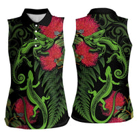 New Zealand Chameleon and Gecko Women Sleeveless Polo Shirt Maori Silver Fern and Pohutukawa Decoration LT03 - Polynesian Pride