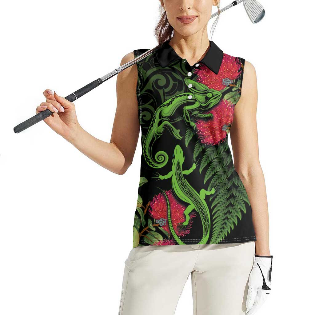 New Zealand Chameleon and Gecko Women Sleeveless Polo Shirt Maori Silver Fern and Pohutukawa Decoration LT03 - Polynesian Pride