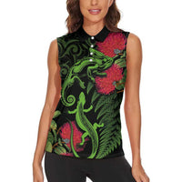 New Zealand Chameleon and Gecko Women Sleeveless Polo Shirt Maori Silver Fern and Pohutukawa Decoration LT03 - Polynesian Pride