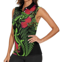 New Zealand Chameleon and Gecko Women Sleeveless Polo Shirt Maori Silver Fern and Pohutukawa Decoration LT03 - Polynesian Pride