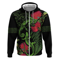 New Zealand Chameleon and Gecko Zip Hoodie Maori Silver Fern and Pohutukawa Decoration LT03 Zip Hoodie Green - Polynesian Pride