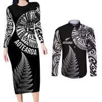 Personalised New Zealand Maori Art Tattoo and Silver Fern Couples Matching Long Sleeve Bodycon Dress and Long Sleeve Button Shirt LT03 Black - Polynesian Pride