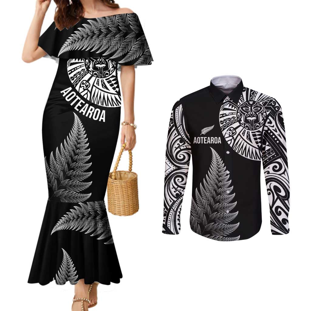 Personalised New Zealand Maori Art Tattoo and Silver Fern Couples Matching Mermaid Dress and Long Sleeve Button Shirt LT03 Black - Polynesian Pride