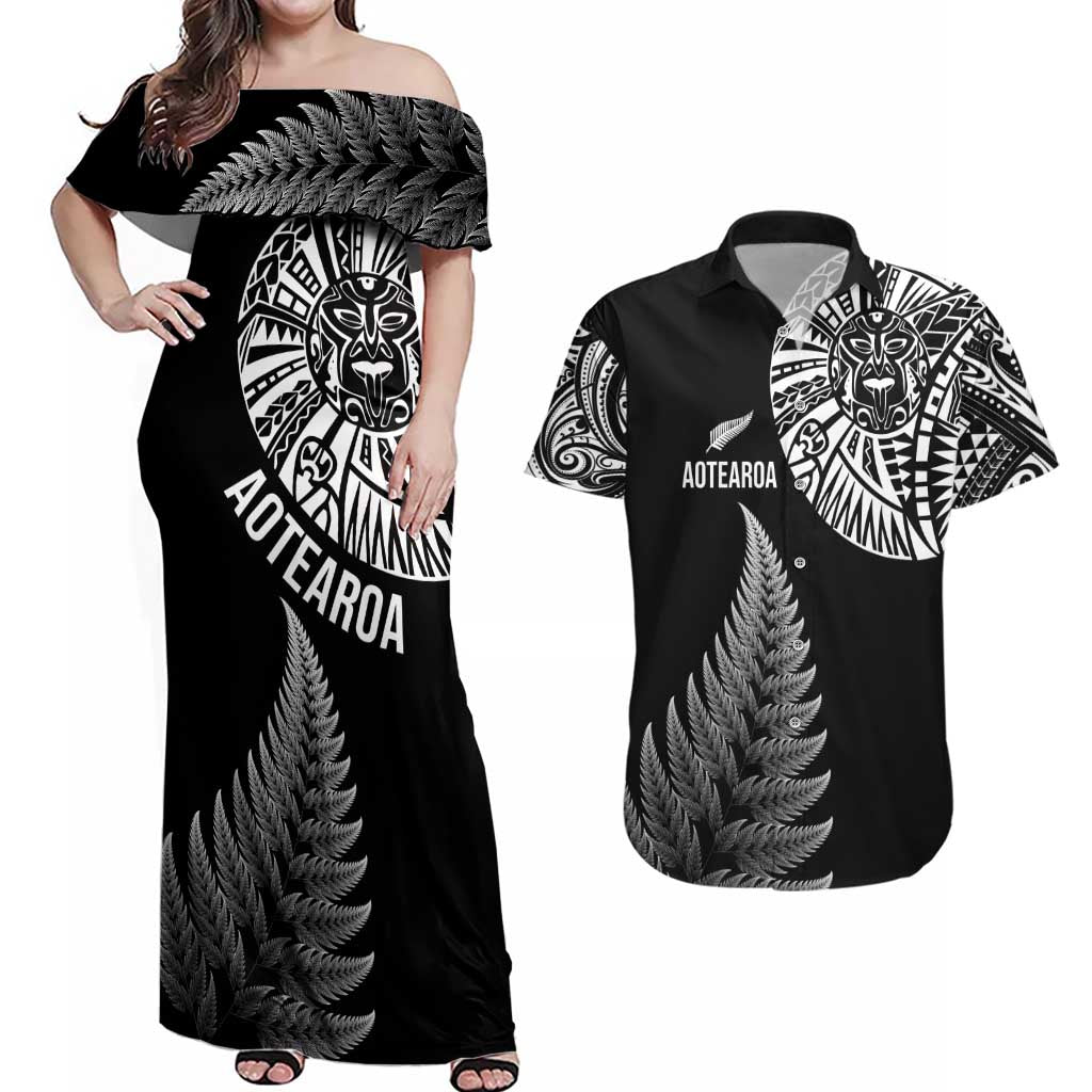 Personalised New Zealand Maori Art Tattoo and Silver Fern Couples Matching Off Shoulder Maxi Dress and Hawaiian Shirt LT03 Black - Polynesian Pride