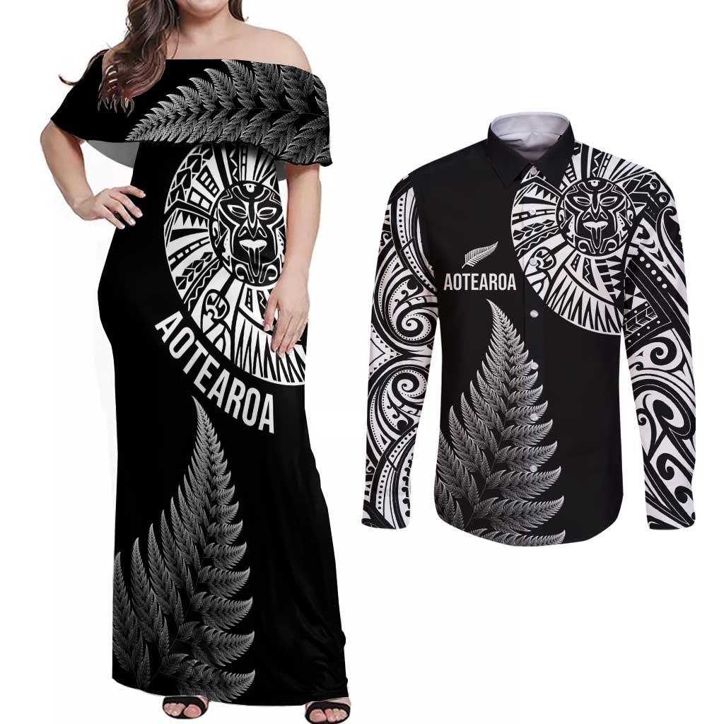 Personalised New Zealand Maori Art Tattoo and Silver Fern Couples Matching Off Shoulder Maxi Dress and Long Sleeve Button Shirt LT03 Black - Polynesian Pride