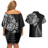 Personalised New Zealand Maori Art Tattoo and Silver Fern Couples Matching Off Shoulder Short Dress and Hawaiian Shirt LT03 - Polynesian Pride