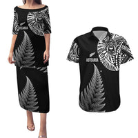 Personalised New Zealand Maori Art Tattoo and Silver Fern Couples Matching Puletasi and Hawaiian Shirt LT03 Black - Polynesian Pride
