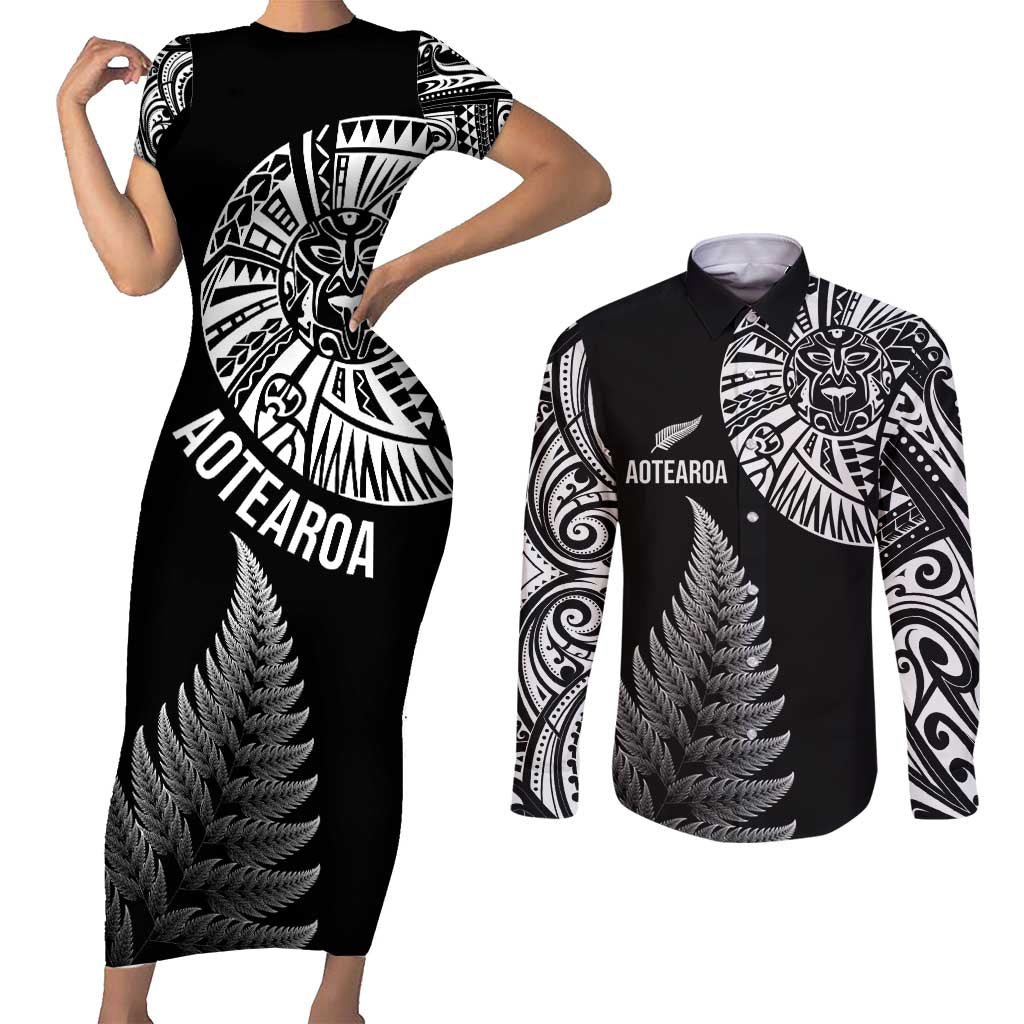 Personalised New Zealand Maori Art Tattoo and Silver Fern Couples Matching Short Sleeve Bodycon Dress and Long Sleeve Button Shirt LT03 Black - Polynesian Pride