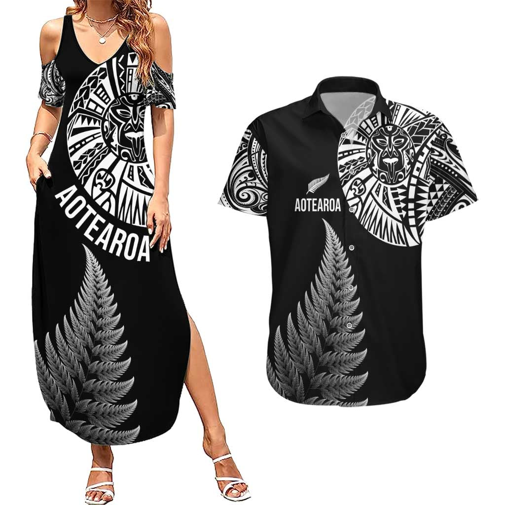 Personalised New Zealand Maori Art Tattoo and Silver Fern Couples Matching Summer Maxi Dress and Hawaiian Shirt LT03 Black - Polynesian Pride