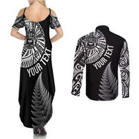 Personalised New Zealand Maori Art Tattoo and Silver Fern Couples Matching Summer Maxi Dress and Long Sleeve Button Shirt LT03 - Polynesian Pride