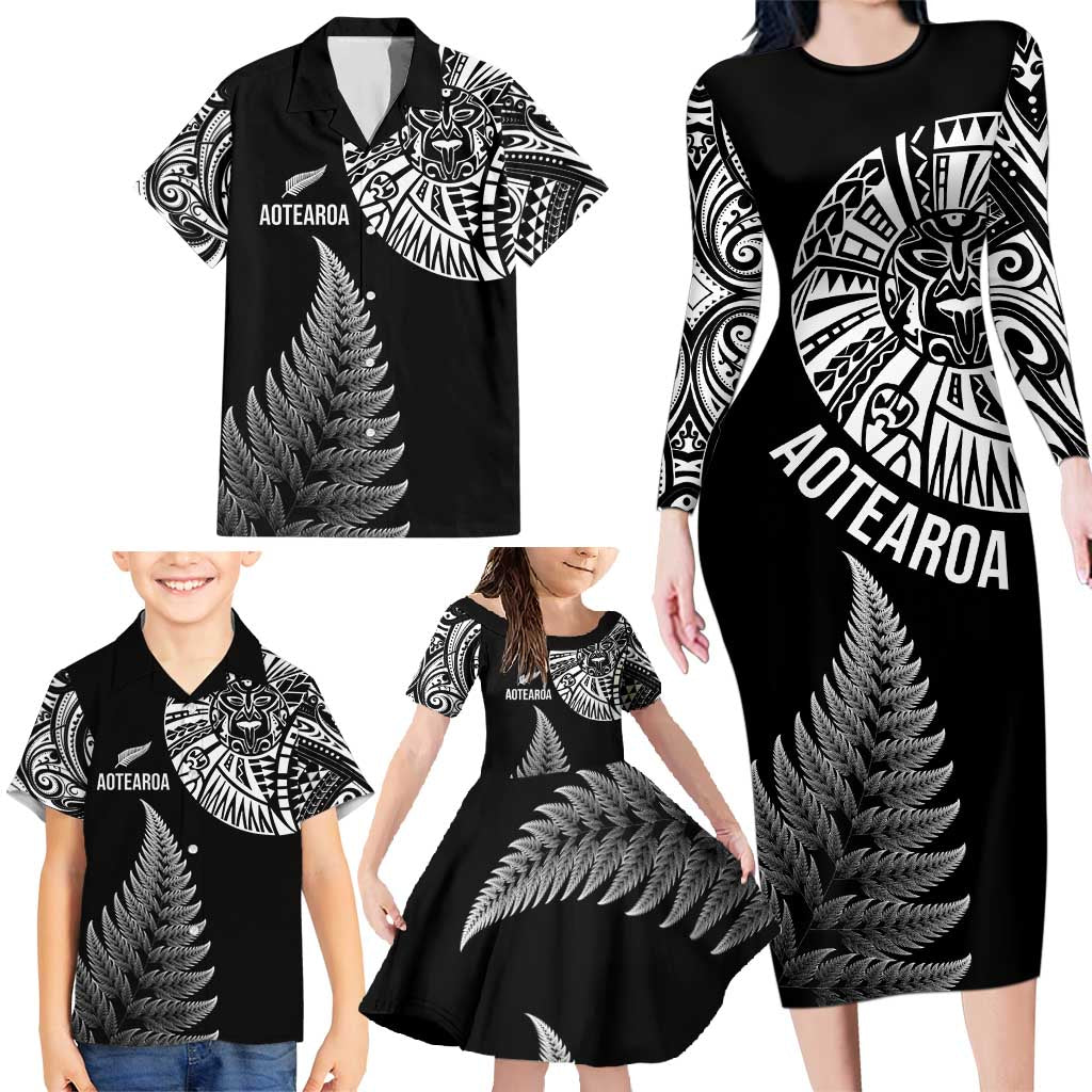 Personalised New Zealand Maori Art Tattoo and Silver Fern Family Matching Long Sleeve Bodycon Dress and Hawaiian Shirt LT03 - Polynesian Pride