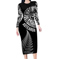 Personalised New Zealand Maori Art Tattoo and Silver Fern Family Matching Long Sleeve Bodycon Dress and Hawaiian Shirt LT03 Mom's Dress Black - Polynesian Pride