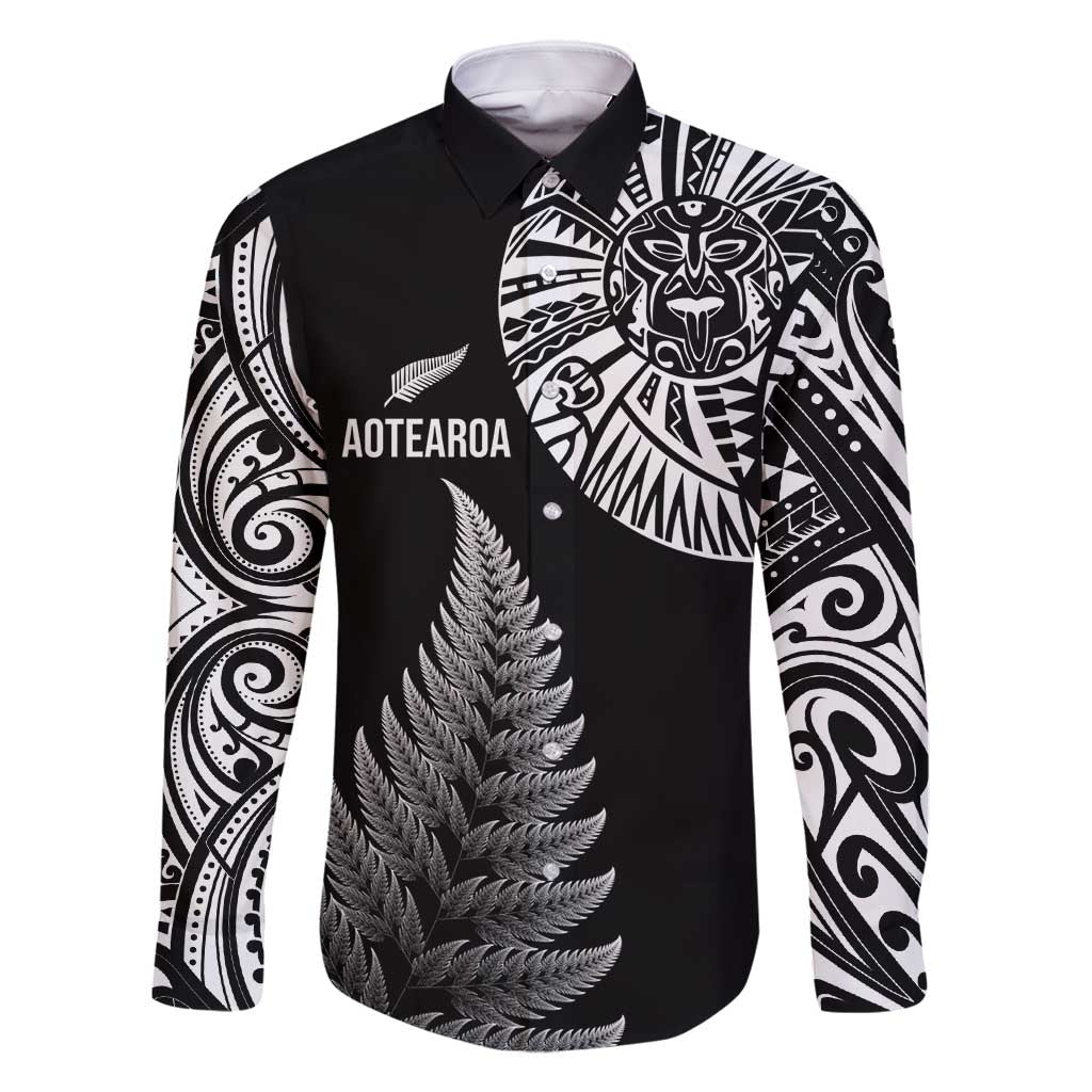 Personalised New Zealand Maori Art Tattoo and Silver Fern Family Matching Mermaid Dress and Hawaiian Shirt LT03 Dad's Shirt - Long Sleeve Black - Polynesian Pride