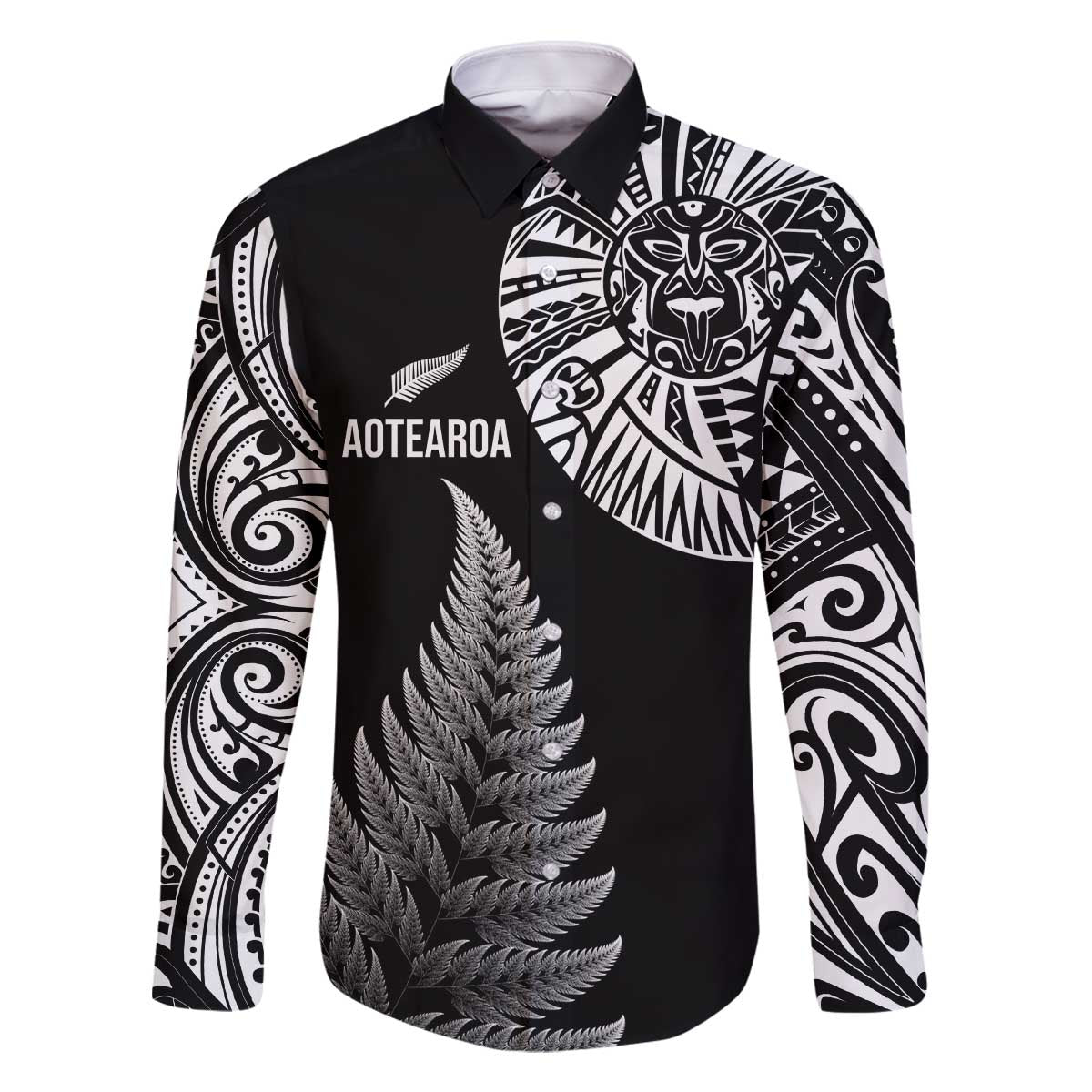 Personalised New Zealand Maori Art Tattoo and Silver Fern Family Matching Off The Shoulder Long Sleeve Dress and Hawaiian Shirt LT03 Dad's Shirt - Long Sleeve Black - Polynesian Pride