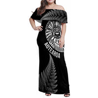 Personalised New Zealand Maori Art Tattoo and Silver Fern Family Matching Off Shoulder Maxi Dress and Hawaiian Shirt LT03 Mom's Dress Black - Polynesian Pride