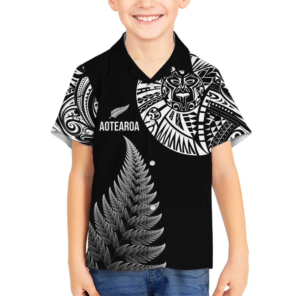 Personalised New Zealand Maori Art Tattoo and Silver Fern Family Matching Off Shoulder Maxi Dress and Hawaiian Shirt LT03 Son's Shirt Black - Polynesian Pride