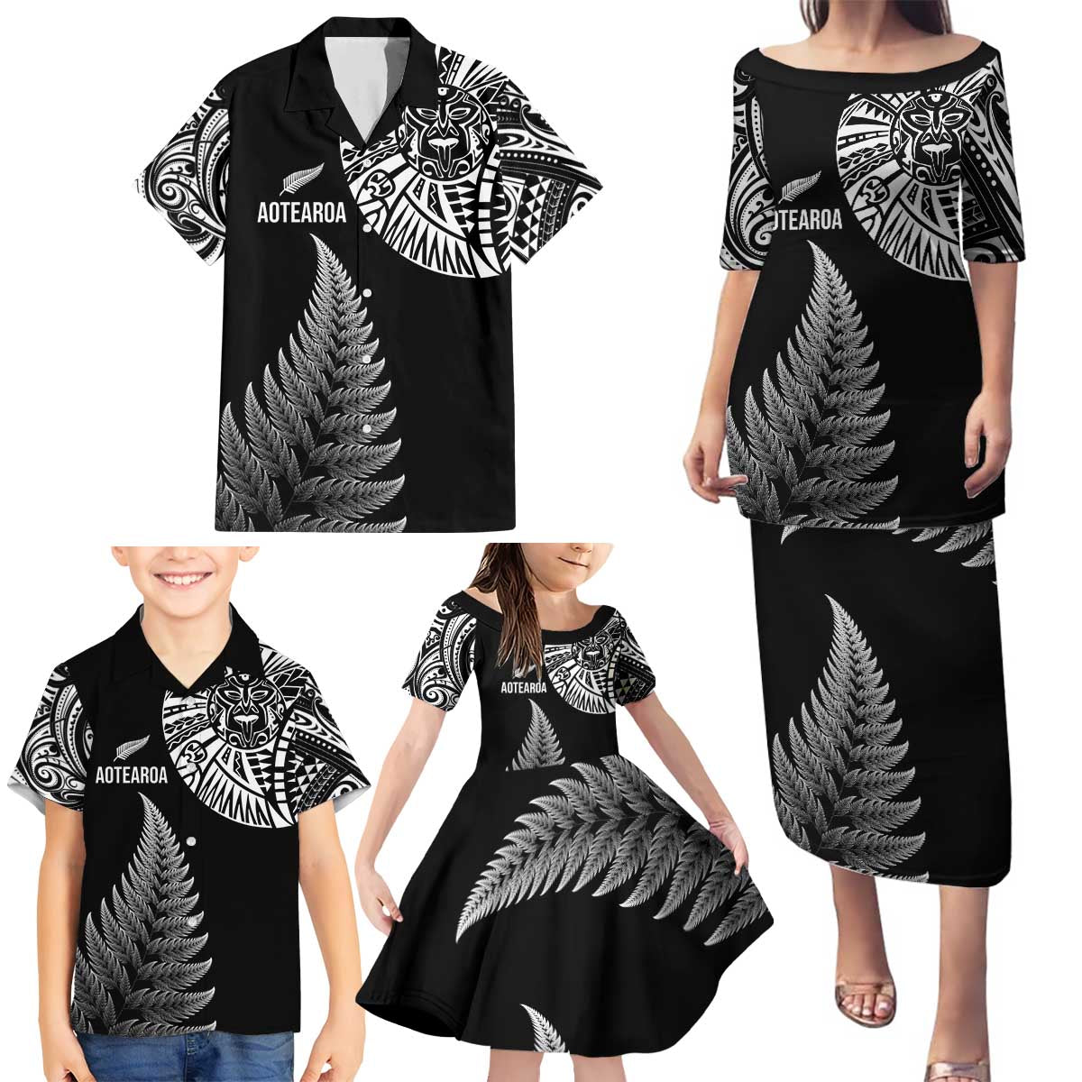 Personalised New Zealand Maori Art Tattoo and Silver Fern Family Matching Puletasi and Hawaiian Shirt LT03 - Polynesian Pride