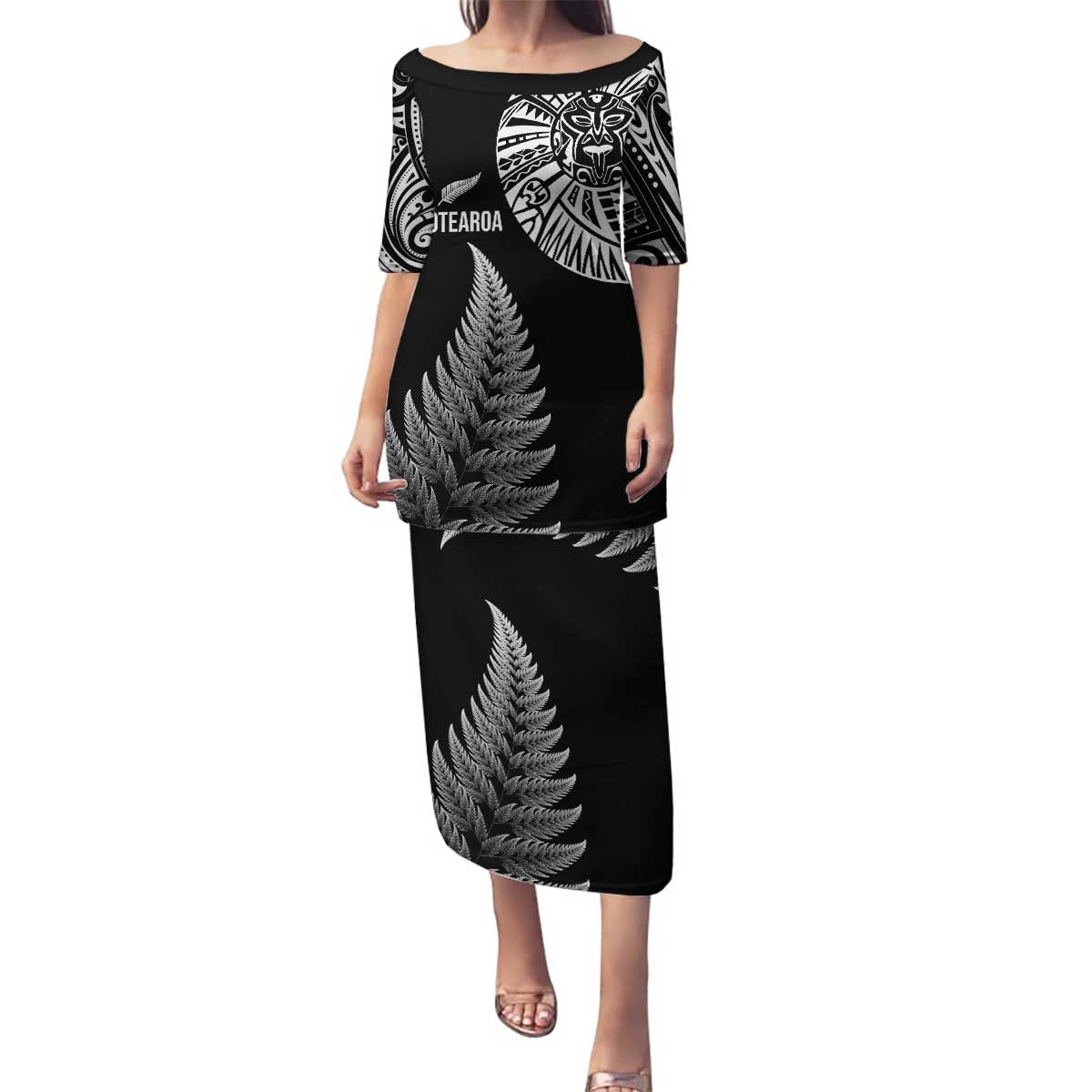 Personalised New Zealand Maori Art Tattoo and Silver Fern Family Matching Puletasi and Hawaiian Shirt LT03 Mom's Dress Black - Polynesian Pride