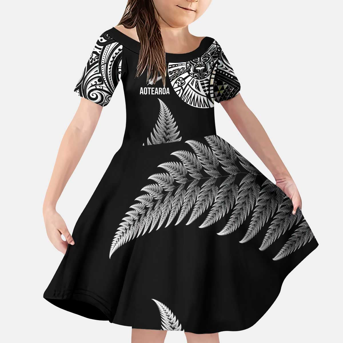 Personalised New Zealand Maori Art Tattoo and Silver Fern Kid Short Sleeve Dress LT03 KID Black - Polynesian Pride