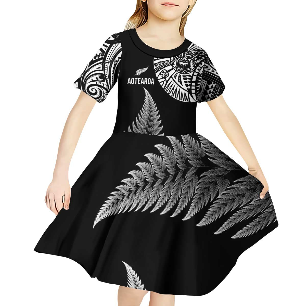 Personalised New Zealand Maori Art Tattoo and Silver Fern Kid Short Sleeve Dress LT03 - Polynesian Pride