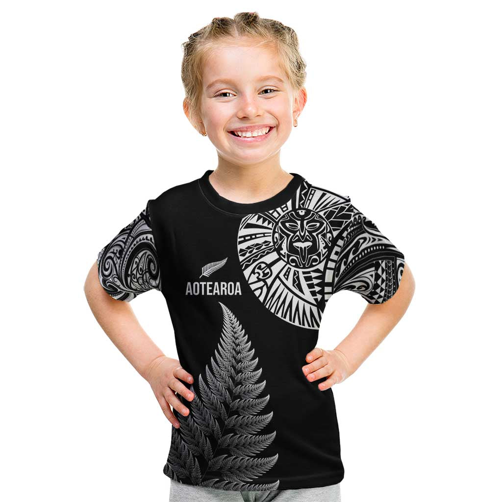 Personalised New Zealand Maori Art Tattoo and Silver Fern Kid T Shirt LT03 Black - Polynesian Pride