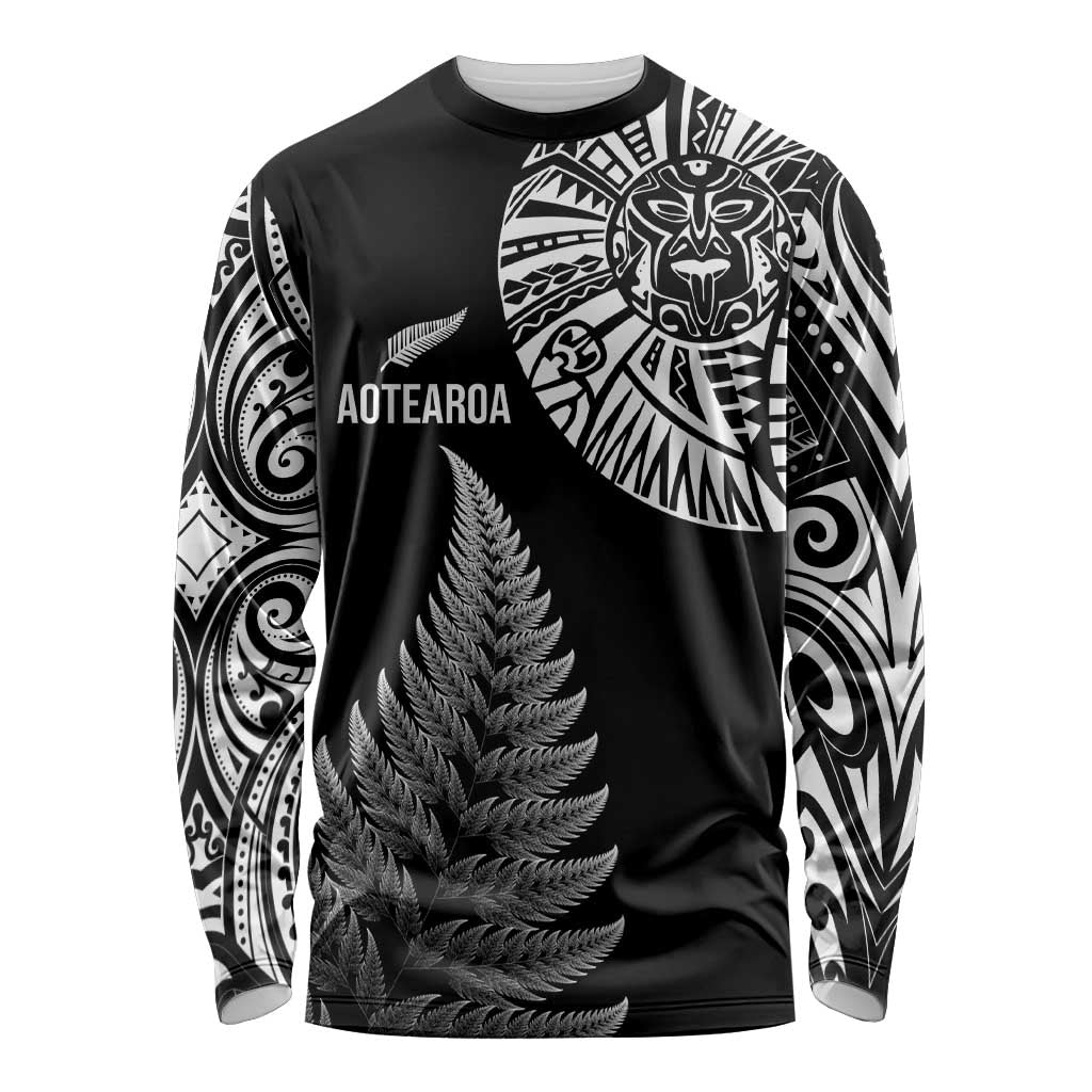 Personalised New Zealand Maori Art Tattoo and Silver Fern Long Sleeve Shirt LT03 Unisex Black - Polynesian Pride