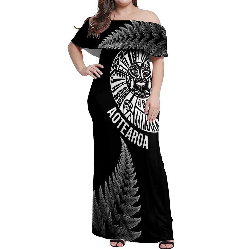 Personalised New Zealand Maori Art Tattoo and Silver Fern Off Shoulder Maxi Dress LT03 Women Black - Polynesian Pride