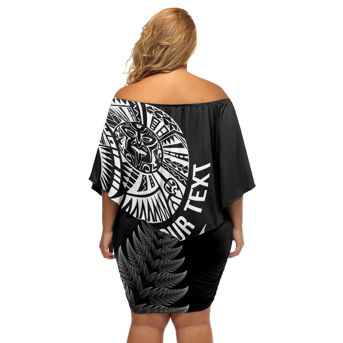 Personalised New Zealand Maori Art Tattoo and Silver Fern Off Shoulder Short Dress LT03 - Polynesian Pride
