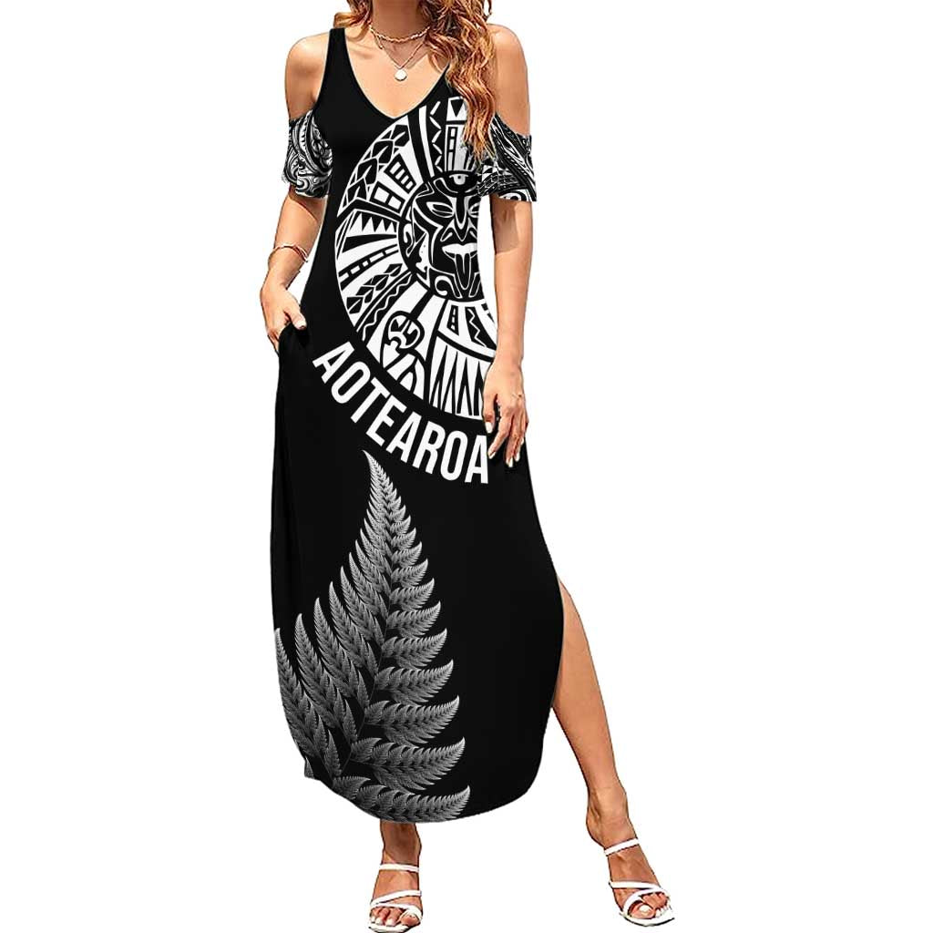 Personalised New Zealand Maori Art Tattoo and Silver Fern Summer Maxi Dress LT03 Women Black - Polynesian Pride