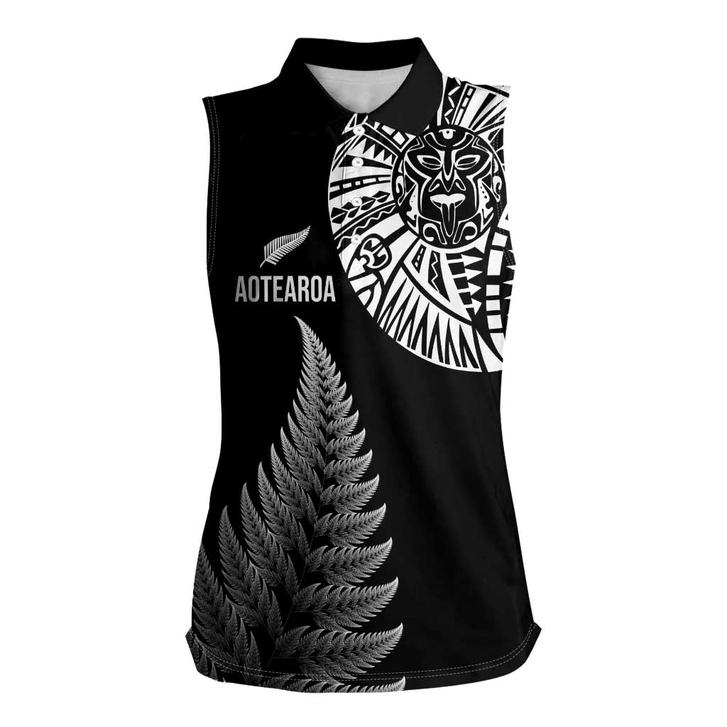 Personalised New Zealand Maori Art Tattoo and Silver Fern Women Sleeveless Polo Shirt LT03 Female Black - Polynesian Pride