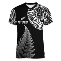 Personalised New Zealand Maori Art Tattoo and Silver Fern Women V-Neck T-Shirt LT03 Female Black - Polynesian Pride