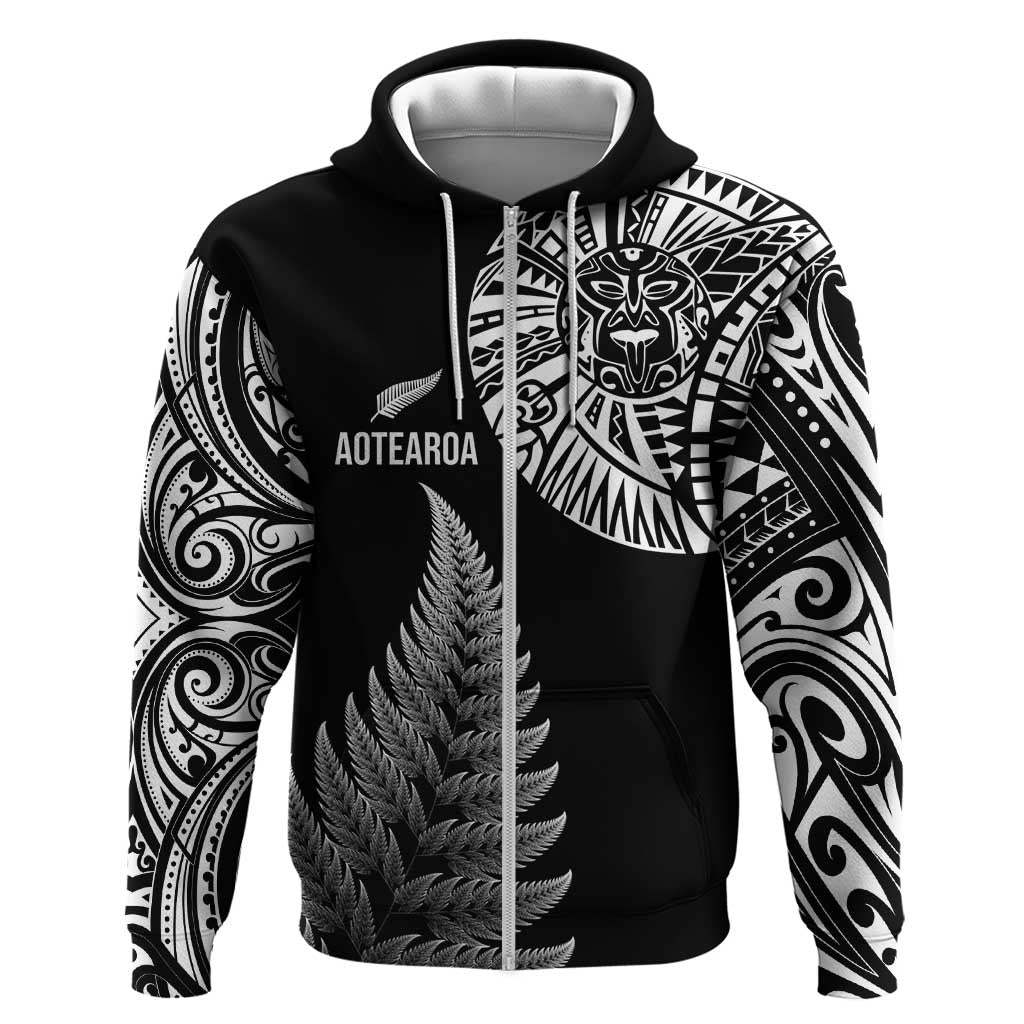 Personalised New Zealand Maori Art Tattoo and Silver Fern Zip Hoodie LT03 Zip Hoodie Black - Polynesian Pride