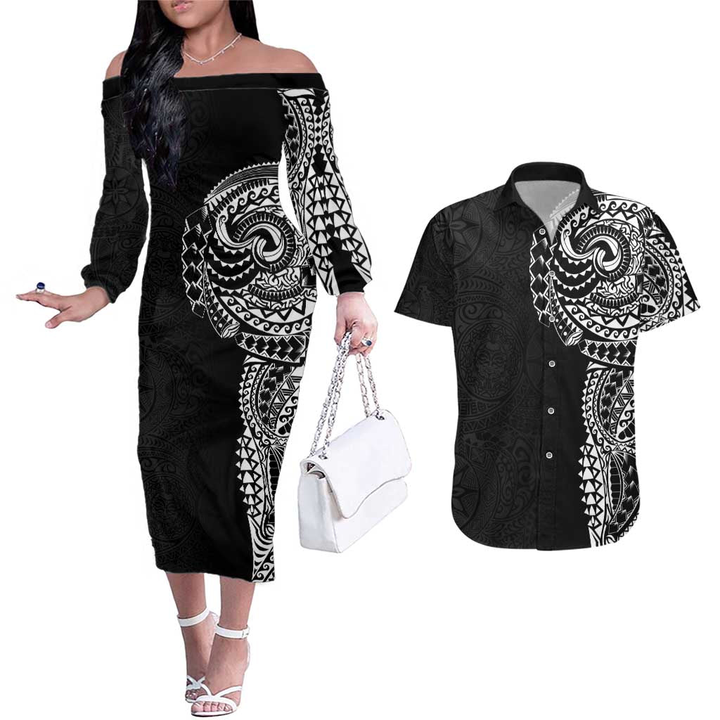 Polynesian Art Traditional Tattoo Pattern Couples Matching Off The Shoulder Long Sleeve Dress and Hawaiian Shirt