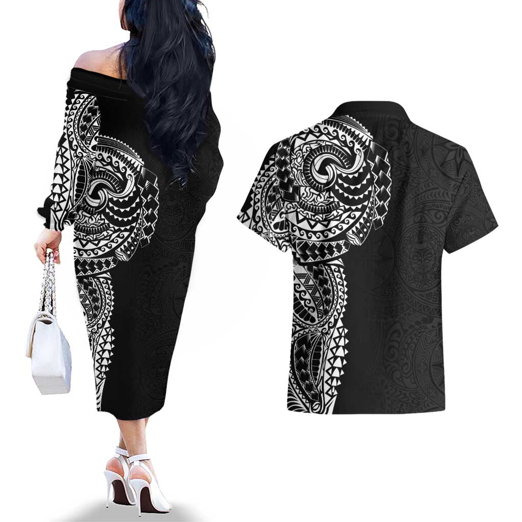 Polynesian Art Traditional Tattoo Pattern Couples Matching Off The Shoulder Long Sleeve Dress and Hawaiian Shirt