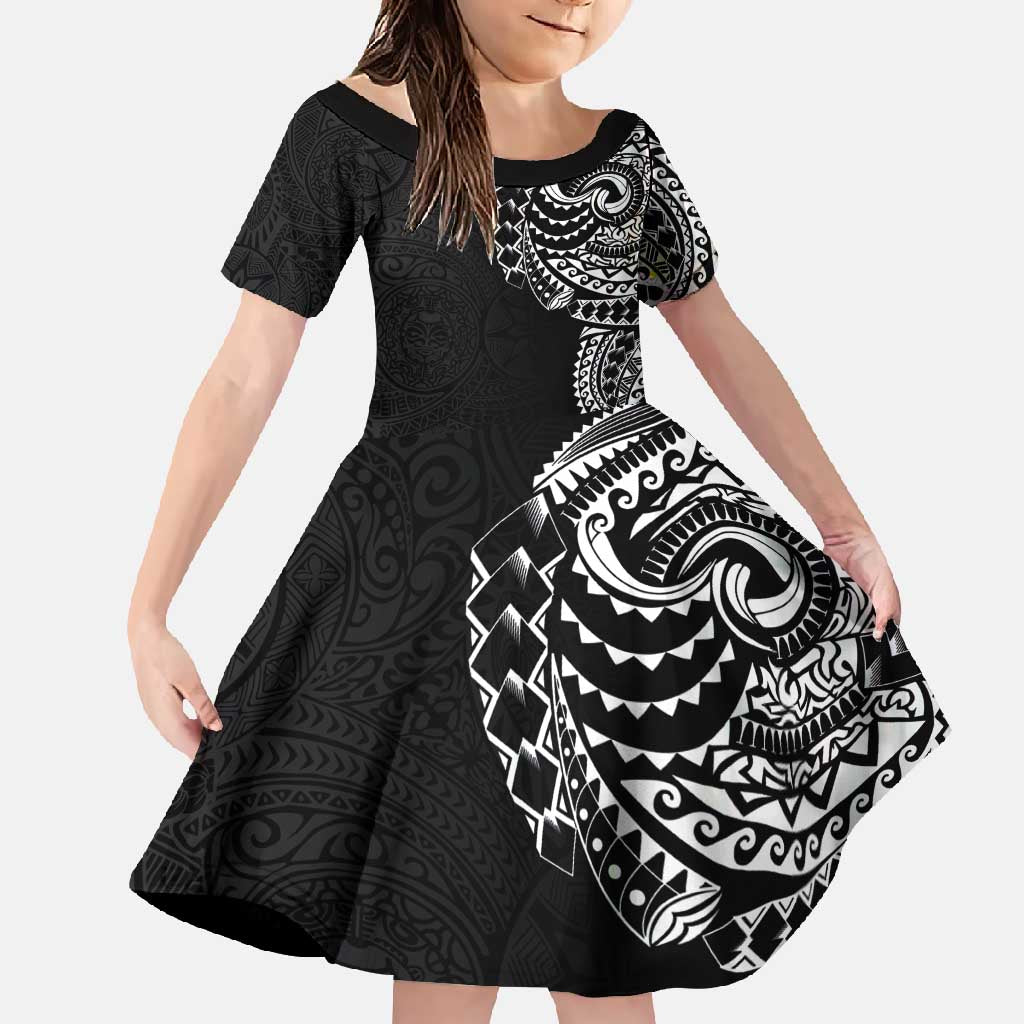 Polynesian Art Traditional Tattoo Pattern Family Matching Long Sleeve Bodycon Dress and Hawaiian Shirt LT03 Daughter's Dress Black - Polynesian Pride