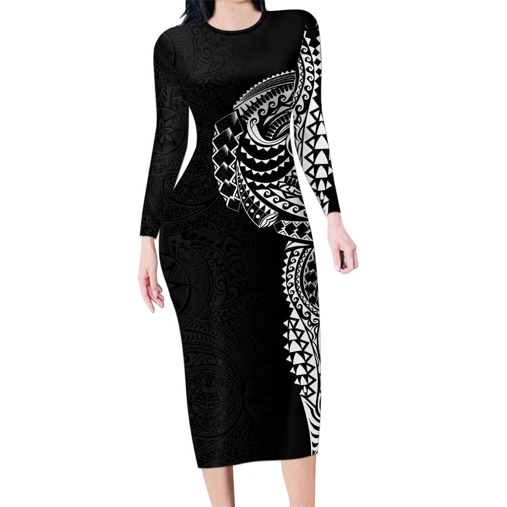 Polynesian Art Traditional Tattoo Pattern Family Matching Long Sleeve Bodycon Dress and Hawaiian Shirt LT03 Mom's Dress Black - Polynesian Pride