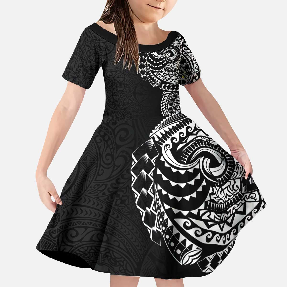 Polynesian Art Traditional Tattoo Pattern Family Matching Off The Shoulder Long Sleeve Dress and Hawaiian Shirt LT03 Daughter's Dress Black - Polynesian Pride