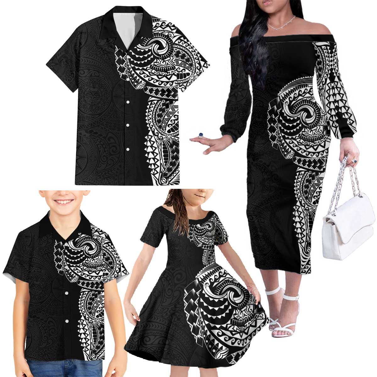 Polynesian Art Traditional Tattoo Pattern Family Matching Off The Shoulder Long Sleeve Dress and Hawaiian Shirt LT03 - Polynesian Pride