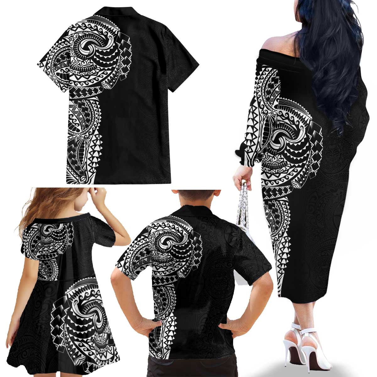 Polynesian Art Traditional Tattoo Pattern Family Matching Off The Shoulder Long Sleeve Dress and Hawaiian Shirt LT03 - Polynesian Pride