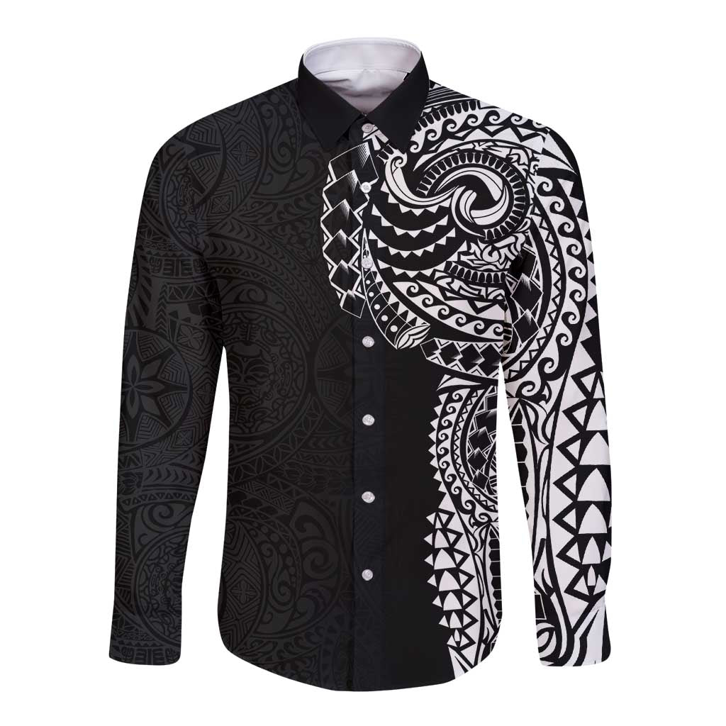 Polynesian Art Traditional Tattoo Pattern Long Sleeve Button Shirt LT03 Unisex Black - Polynesian Pride