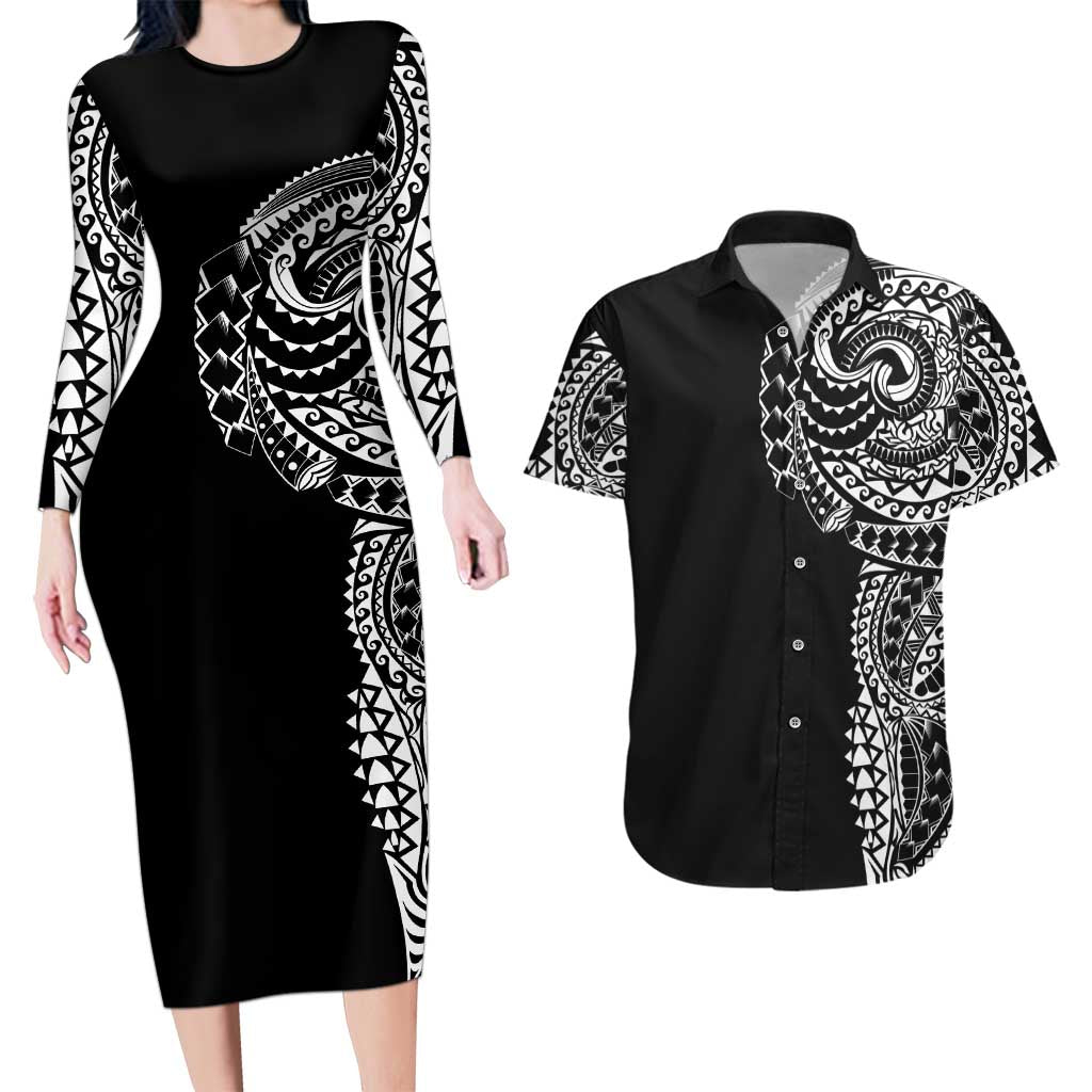 Polynesian Art Traditional Tattoo Couples Matching Long Sleeve Bodycon Dress and Hawaiian Shirt Simple Style LT03 Black - Polynesian Pride
