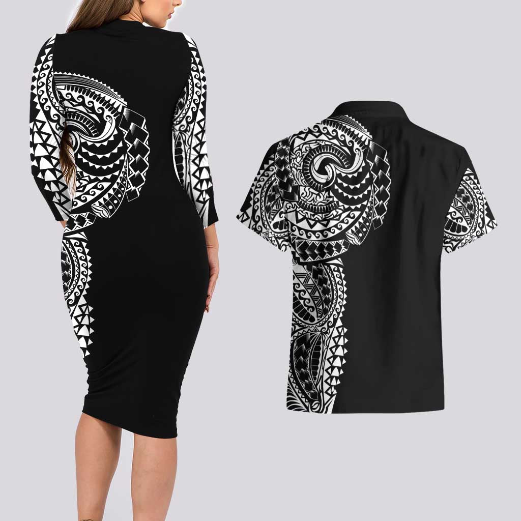 Polynesian Art Traditional Tattoo Couples Matching Long Sleeve Bodycon Dress and Hawaiian Shirt Simple Style LT03 - Polynesian Pride
