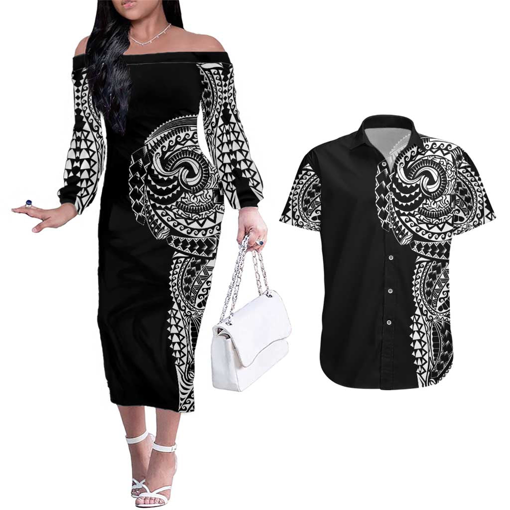 Polynesian Art Traditional Tattoo Couples Matching Off The Shoulder Long Sleeve Dress and Hawaiian Shirt Simple Style LT03 Black - Polynesian Pride
